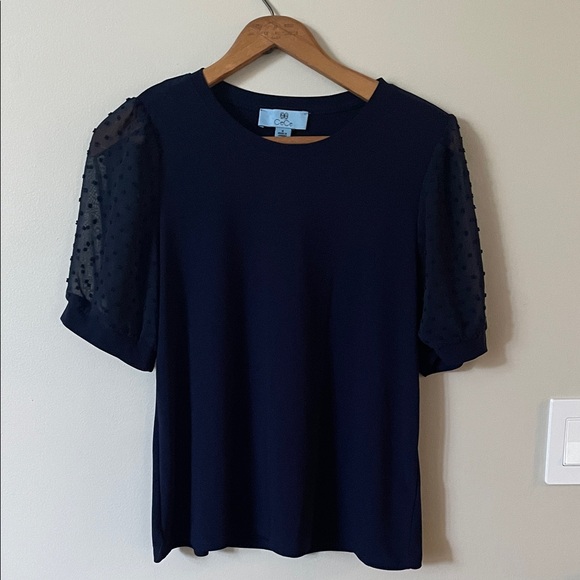 CeCe Navy Blouse with Sheer Polka Dot Sleeves Size M - Picture 1 of 5